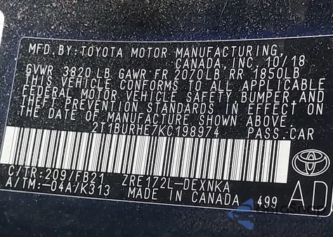 2019 Toyota Corolla Le z USA, uszkodzony, nr VIN 2T1BURHE7KC198974